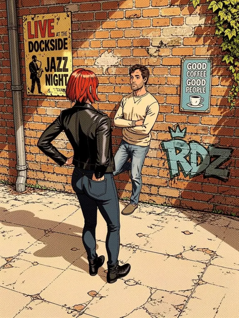 The comic-style scene generated from that pose — a red-haired woman with a hand on her hip facing a man leaning against a brick wall with folded arms and one knee raised, matching the mannequins exactly
