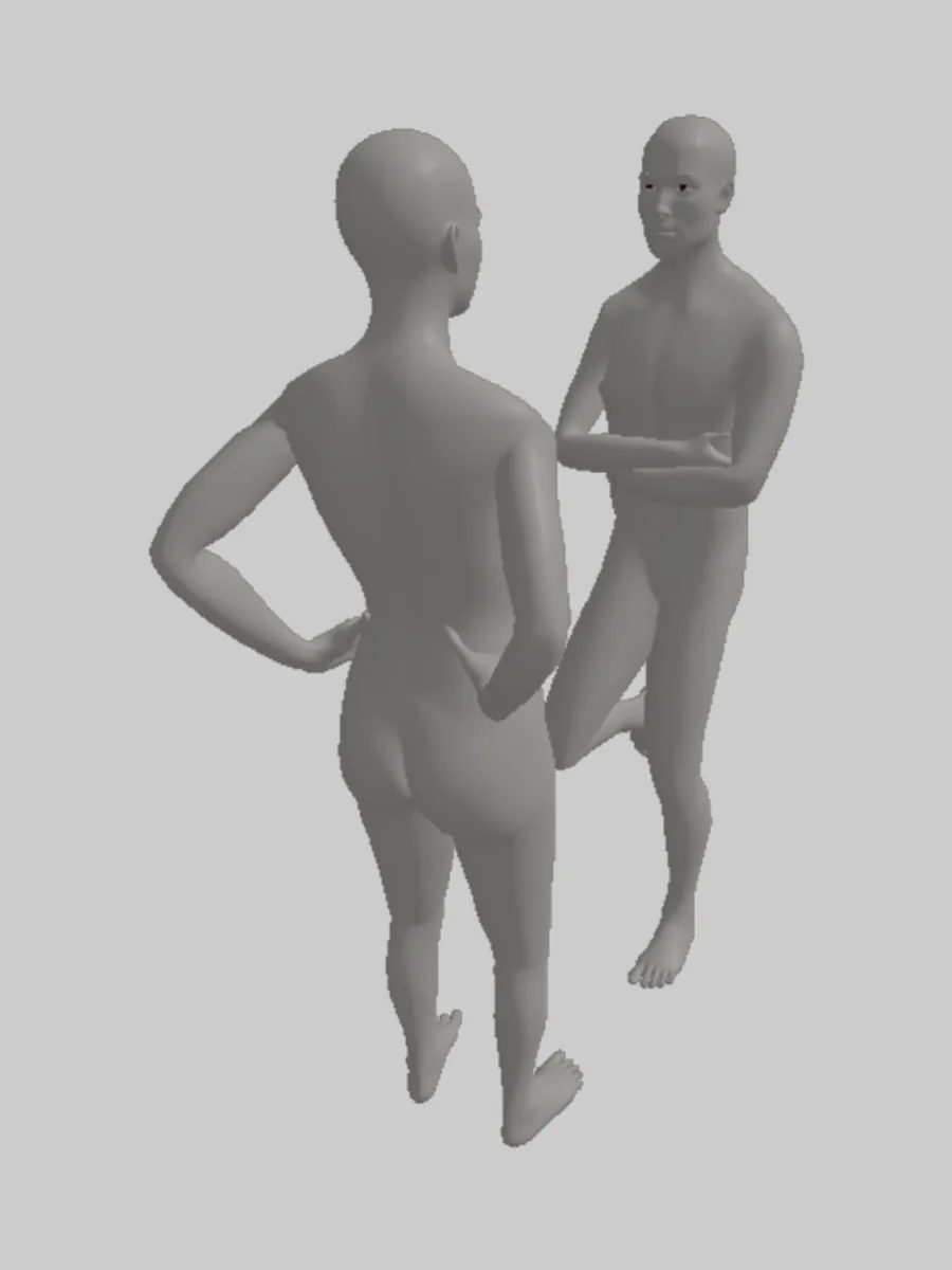 Two 3D mannequins posed in the editor — one seen from behind with a hand on the hip, the other leaning back with folded arms and one knee raised