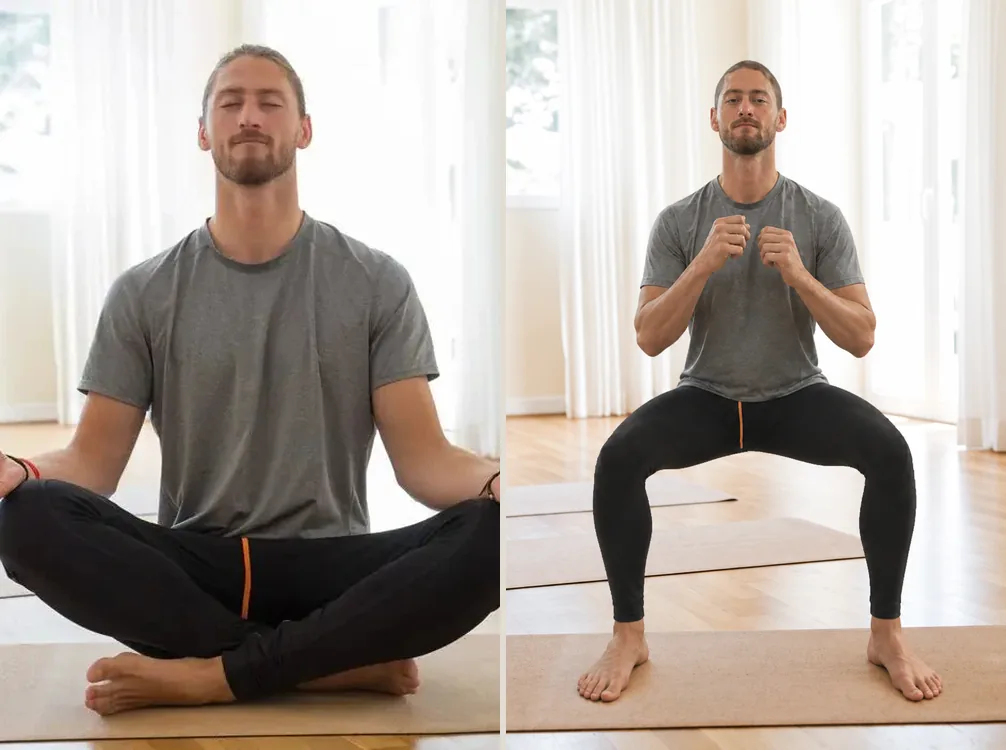 The same photo before and after re-posing: a man sitting cross-legged on a yoga mat, then the same man in the same room and clothes dropped into a wide squat