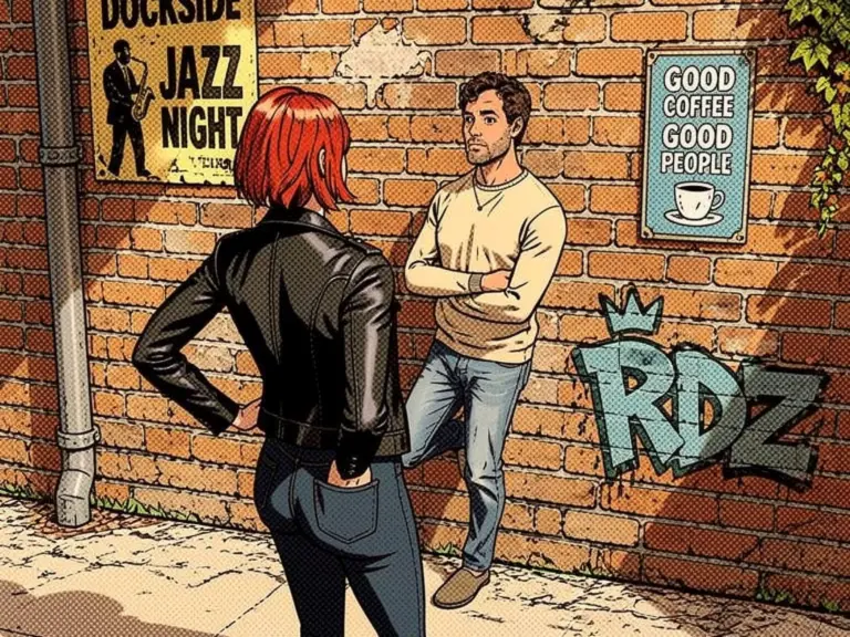 A comic-style street scene: a red-haired woman in a leather jacket stands with her hand on her hip facing a man leaning against a brick wall covered in posters and graffiti