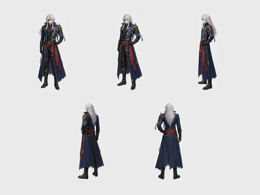 An anime-style turnaround sheet: the same silver-haired character in a long indigo coat drawn from five angles, the eyepatch and spiked shoulder guard consistent in every panel